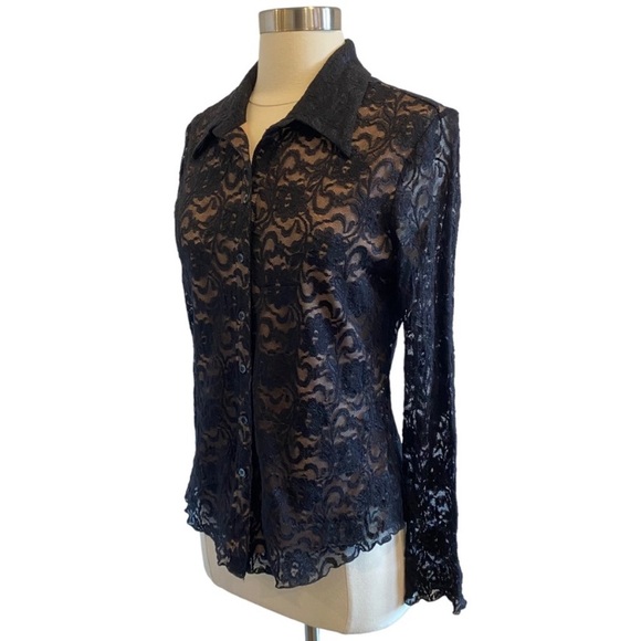 Mesh Lace Long Sleeve Button Down Blouse - Picture 4 of 11
